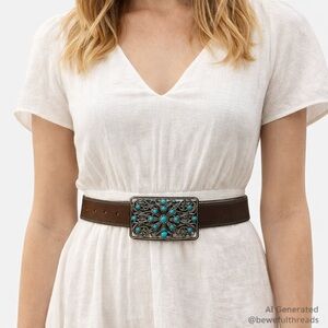 Belt Shak M Brown Turquoise Western Leather Belt Cowgirl Boho